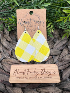 Genuine Leather Earrings - Yellow - White - Teardrop - Plaid