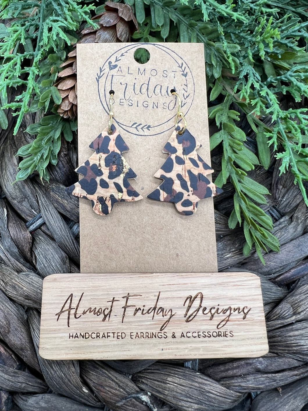 Genuine Leather Earrings - Christmas Tree - Christmas Tree Earrings - Leopard Print - Leopard Earrings - Statement Earrings - Animal Print