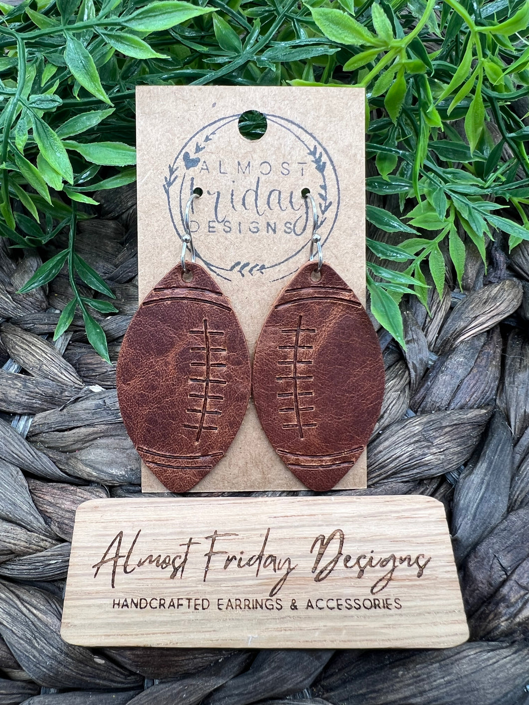 Genuine Leather Earrings - Embossed Earrings - Fall Earrings - Sports - Football Earrings - Brown - Statement Earrings