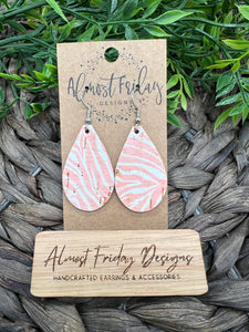 Genuine Leather Earrings - Teardrops - Zebra - White - Coral - Animal Print - Summer Earrings - Statement Earrings