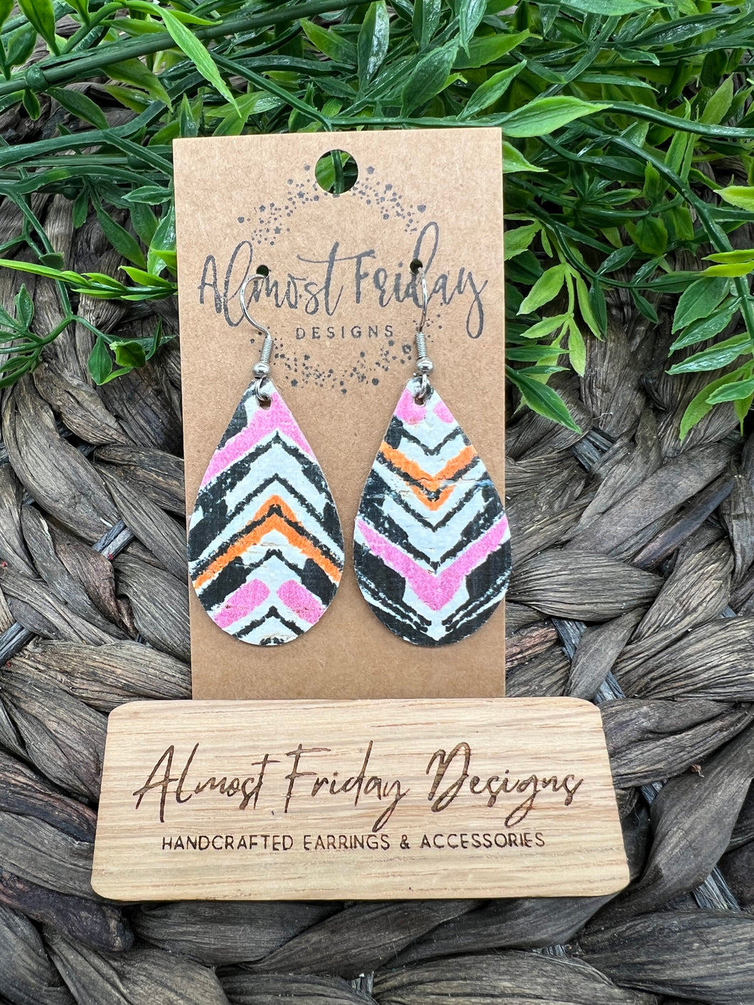 Genuine Leather Earrings - Teardrop Earrings - Chevron Design - Aztec Earrings - Boho - Navy - Orange - Pink - White - Statement Earrings