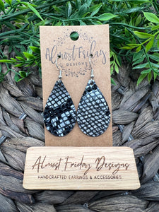 Genuine Leather Earrings - Teardrop Earrings - Snakeskin - Black - Silver - Cobra - Statement Earrings