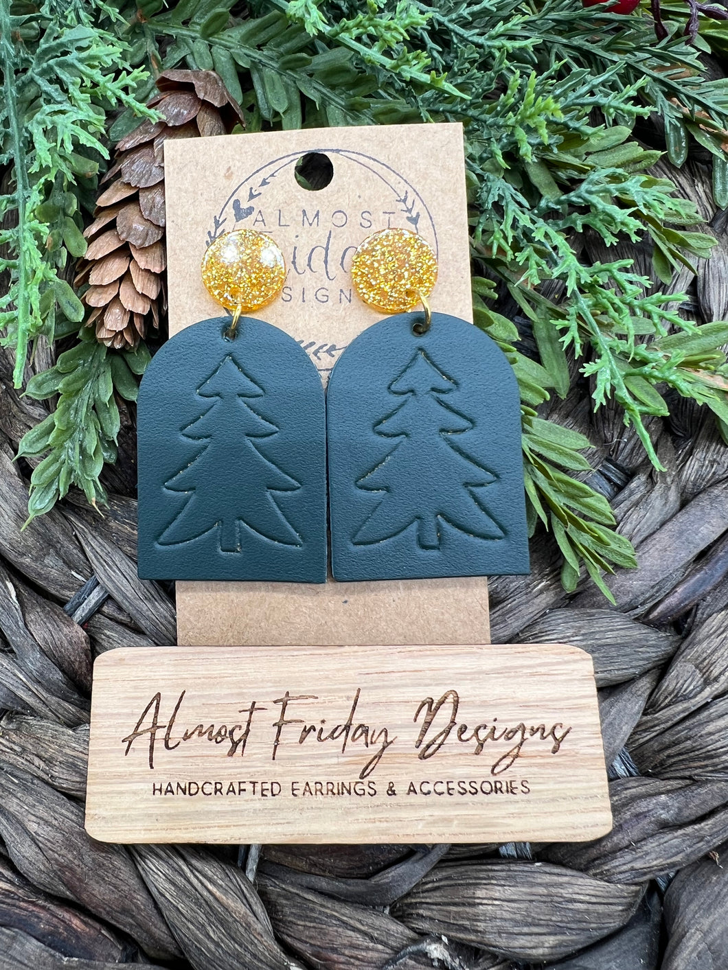 Genuine Leather Earrings - Christmas Tree - Tag - Green - Christmas Tree Earrings - Embossed - Stud Post - Statement Earrings - Gold Glitter