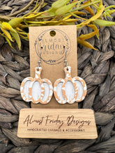 Load image into Gallery viewer, Genuine Leather Earrings - Orange - White - 3D - Leaves - Layered - Fall Earrings - Textured Leather - Pumpkin - Cut Out Earrings - Peach Earrings - Statement Earrings

