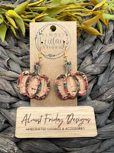 Genuine Leather Earrings - Peach - Pink - Blue - Gold - Natural Cork - Tan - Mums - Flowers - Floral - 3D - Layered - Fall Earrings - Textured Leather - Pumpkin - Cut Out Earrings - Peach Earrings - Statement Earrings