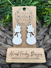 Load image into Gallery viewer, Wood Earrings - Snowman Earrings - Winter - White - Statement Earrings - Snow
