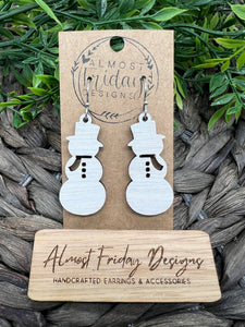 Wood Earrings - Snowman Earrings - Winter - White - Statement Earrings - Snow