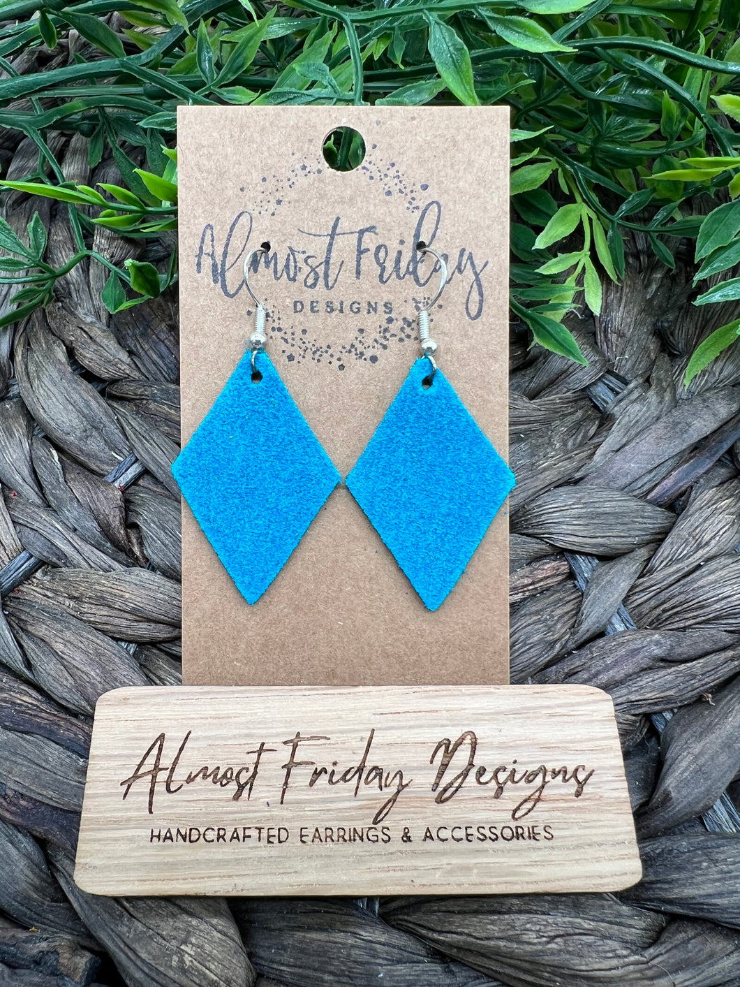 Genuine Leather Earrings - Diamond Earrings - Teal - Suede Leather - Statement Earrings