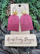 Load image into Gallery viewer, Genuine Leather Earrings - Christmas Tree - Tag - Christmas Tree Earrings - Embossed - Red - Stud Post - Statement Earrings - Gold Glitter
