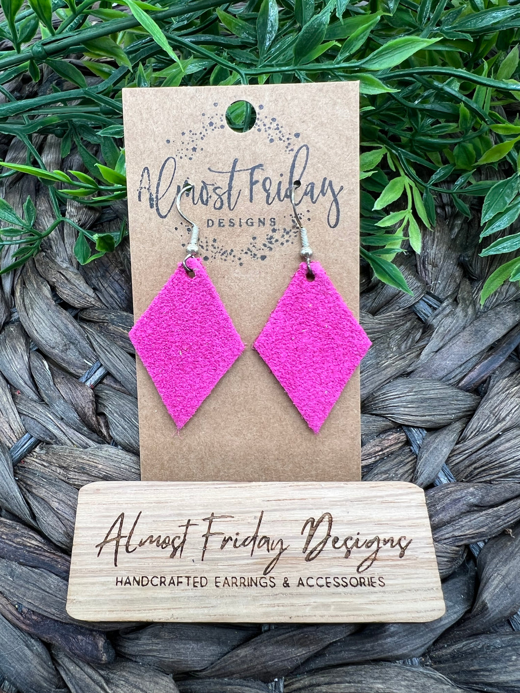 Genuine Leather Earrings - Diamond Earrings - Pink - Suede Leather - Statement Earrings