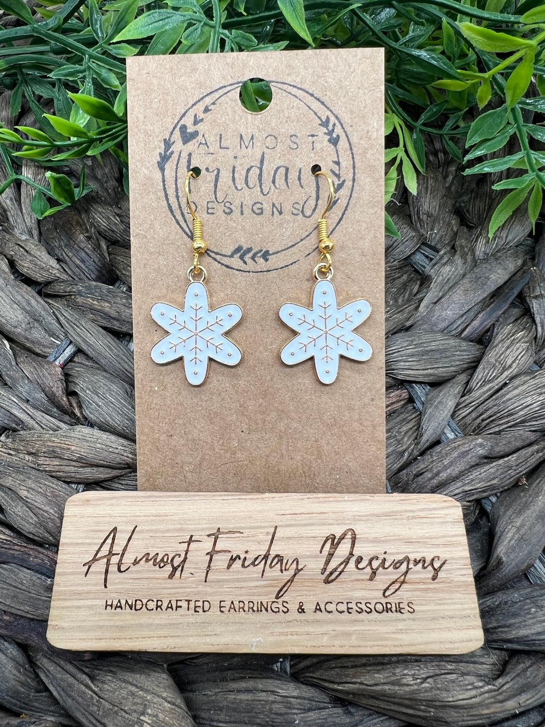 Enamel Earrings - Little Ladies - White - Gold - Snowflake - Small Earrings - Statement Earrings