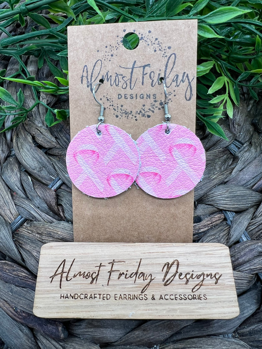 Genuine Leather Earrings - Breast Cancer Ribbon - Round - Circle - Breast Cancer Awareness Ribbon Earrings - Cancer Awareness - Pink Ribbon