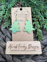 Load image into Gallery viewer, Genuine Leather Earrings - Christmas Trees - Christmas Earrings - Winter - Cork Leather - Statement Earrings - Pearlized Finish - Green - Sage Green
