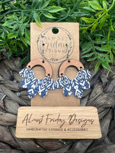 Load image into Gallery viewer, Genuine Leather Earrings - Petal - Scallop - Navy Earrings - White and Navy - Boho Design - Statement Earrings - Wood - Arch
