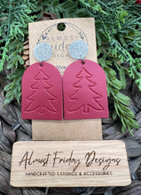 Load image into Gallery viewer, Genuine Leather Earrings - Christmas Tree - Tag - Red - Christmas Tree Earrings - Embossed - Stud Post - Statement Earrings - Silver Glitter
