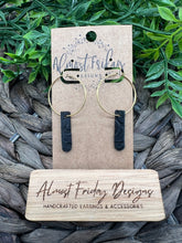 Load image into Gallery viewer, Genuine Leather Earrings - Tags - Circle Earrings - Black - Textured - Paisely - Gold - Metal Hoops
