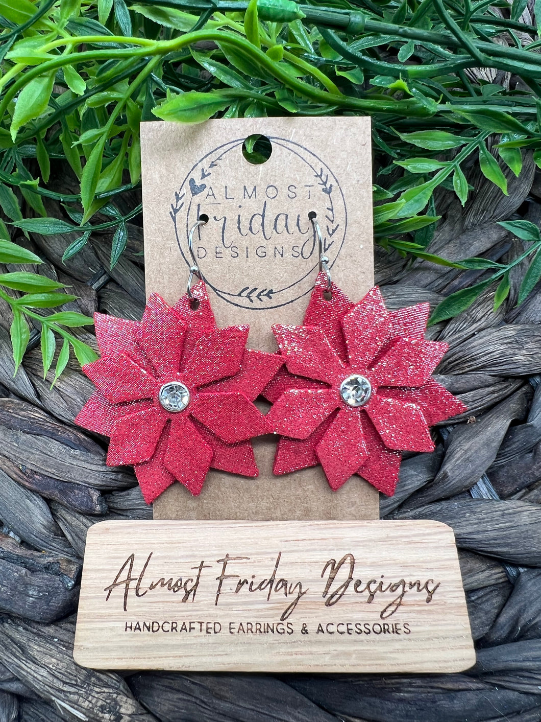 Genuine Leather Earrings - Poinsettia - Flower - Sparkle, Glitter - Shimmer - Christmas Earrings - Poinsettia Earrings - Red - Rhinestone - Christmas - Statement Earrings - Textured Leather