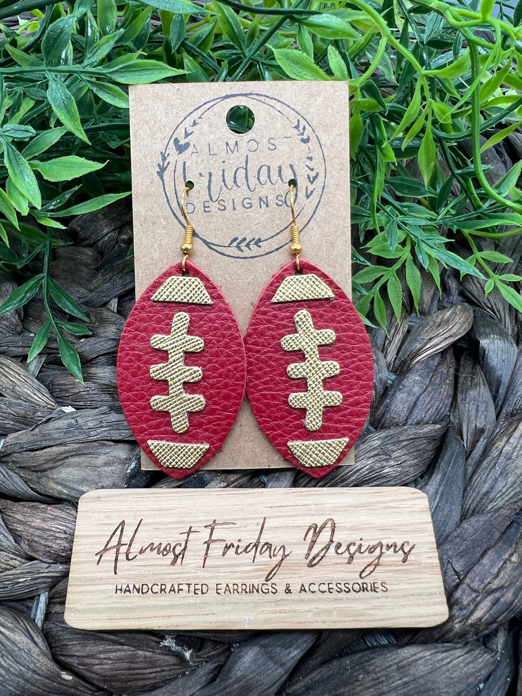 Genuine Leather Earrings - 49 - Red - Gold - Football - San Francisco - Fall - Football Earrings - Statement Earrings