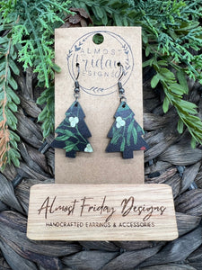 Wood Earrings - Christmas Tree - Christmas Tree Earrings - Poinsettia - Holly - Christmas - Statement Earrings - Black - Red - White - Green