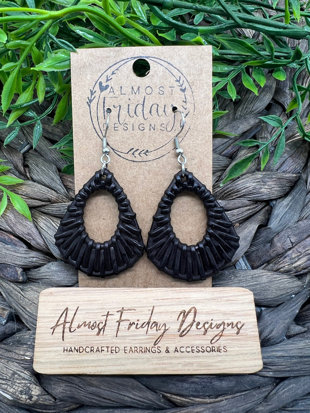 Acrylic Earrings - Teardrop - Black - Rattan - Statement Earrings - Faux Rattan