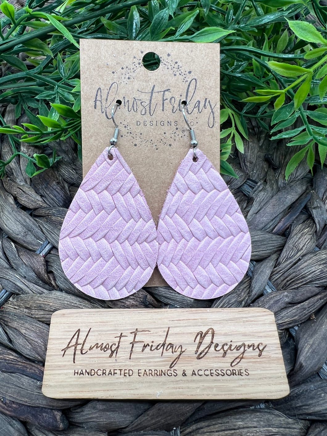 Genuine Leather Earrings - Teardrop Earrings - Pink - Braided Leather - Statement Earrings - Fishtail