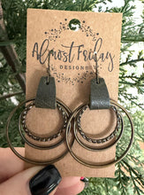 Load image into Gallery viewer, Metal Hoop Earrings - Hammered Ring - Brass Hoops - Hoop Earrings - Hoops - Olive - Green - Genuine Leather Cuff - Statement Earrings
