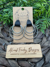 Load image into Gallery viewer, Metal Hoop Earrings - Hammered Ring - Silver Hoops - Hoop Earrings - Hoops - Black - Genuine Leather Cuff - Statement Earrings
