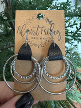Load image into Gallery viewer, Metal Hoop Earrings - Hammered Ring - Silver Hoops - Hoop Earrings - Hoops - Black - Genuine Leather Cuff - Statement Earrings
