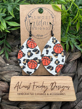 Load image into Gallery viewer, Genuine Leather Earrings - Basketball - Basketball Earrings - Leaf Cut - Sports - Leopard - Animal Print - Black and Orange
