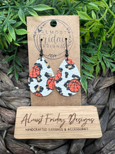 Load image into Gallery viewer, Genuine Leather Earrings - Basketball - Basketball Earrings - Teardrop - Sports - Leopard - Animal Print - Black and Orange
