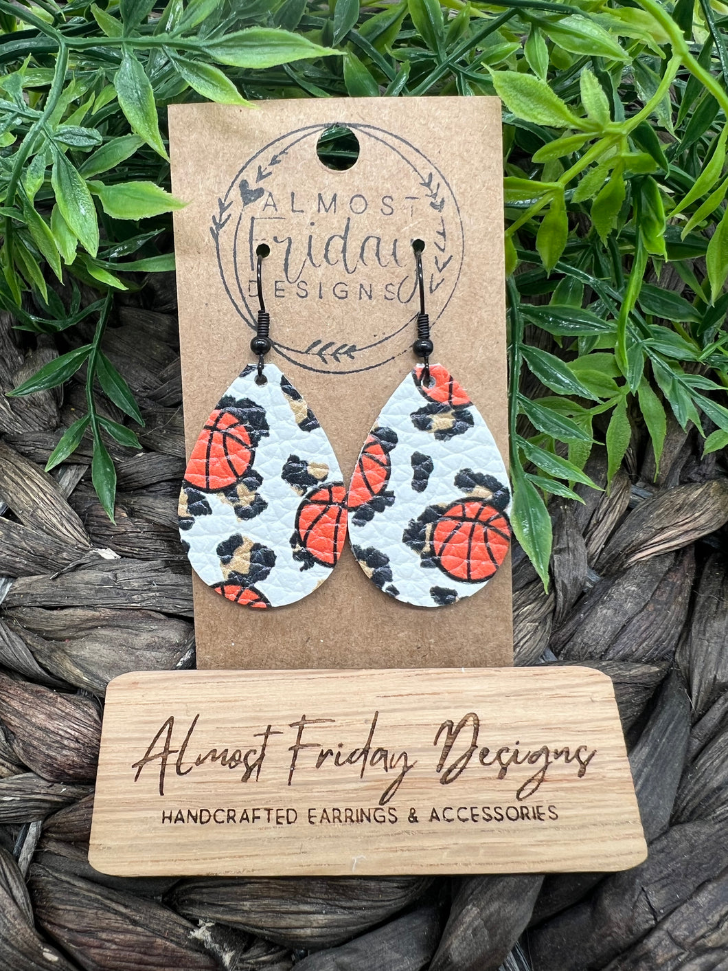 Genuine Leather Earrings - Basketball - Basketball Earrings - Teardrop - Sports - Leopard - Animal Print - Black and Orange