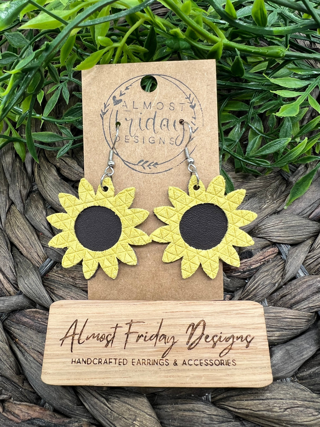 Genuine Leather Earrings - Sunflower Earrings - Yellow - Brown - Suede - Textured - Fall Leather Genuine Leather Earrings - Fall Earrings - Floral - Statement Earrings
