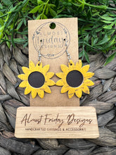 Load image into Gallery viewer, Genuine Leather Earrings - Sunflower Earrings - Yellow - Brown - Fall Leather Genuine Leather Earrings - Fall Earrings - Floral - Statement Earrings

