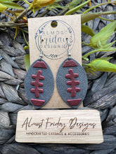 Load image into Gallery viewer, Genuine Leather Earrings - Manheim Central - Barons - Maroon - Gray - Leaf Cut - Fall Leather Genuine Leather Earrings - Football Print - Football Earrings - Statement Earrings
