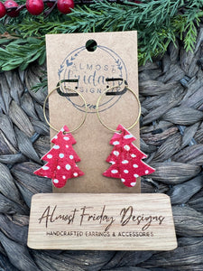 Genuine Leather Earrings - Christmas Tree - Hoop Earrings - Christmas Tree Earrings - Dalmatian Print - Spotted  Earrings - Statement Earrings - Animal Print - Red - White