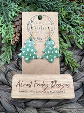 Load image into Gallery viewer, Genuine Leather Earrings - Christmas Tree - Christmas Tree Earrings - Dalmatian Print - Spotted Earrings - Statement Earrings - Animal Print - Green - White
