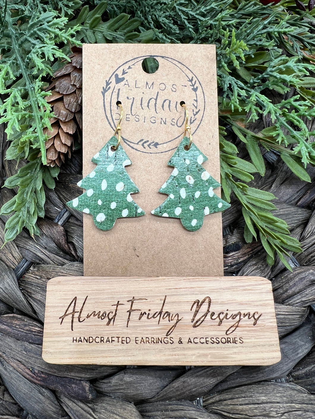 Genuine Leather Earrings - Christmas Tree - Christmas Tree Earrings - Dalmatian Print - Spotted Earrings - Statement Earrings - Animal Print - Green - White