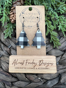 Wood Earrings - Christmas Tree - Christmas Tree Earrings - Buffalo Check - Fall Earrings - Statement Earrings - Black and White