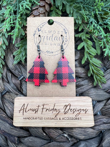 Wood Earrings - Christmas Tree - Christmas Tree Earrings - Buffalo Check - Christmas - Statement Earrings - Plaid - Black and Red