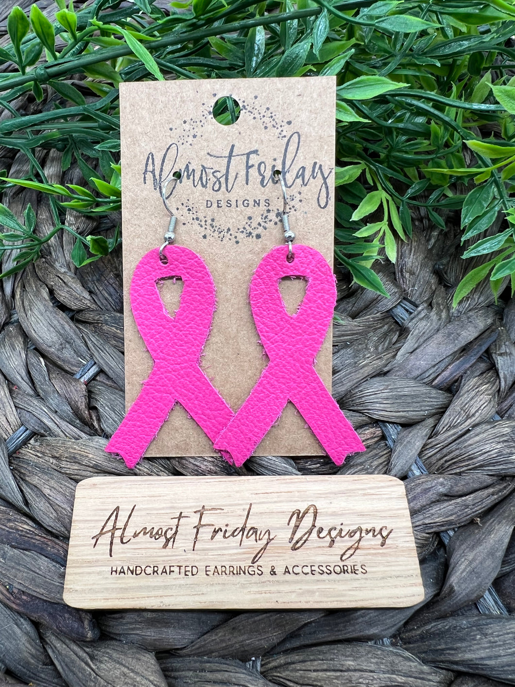 Genuine Leather Earrings - Breast Cancer Ribbon - Breast Cancer Awareness Ribbon Earrings - Cancer Awareness - Pink Ribbon