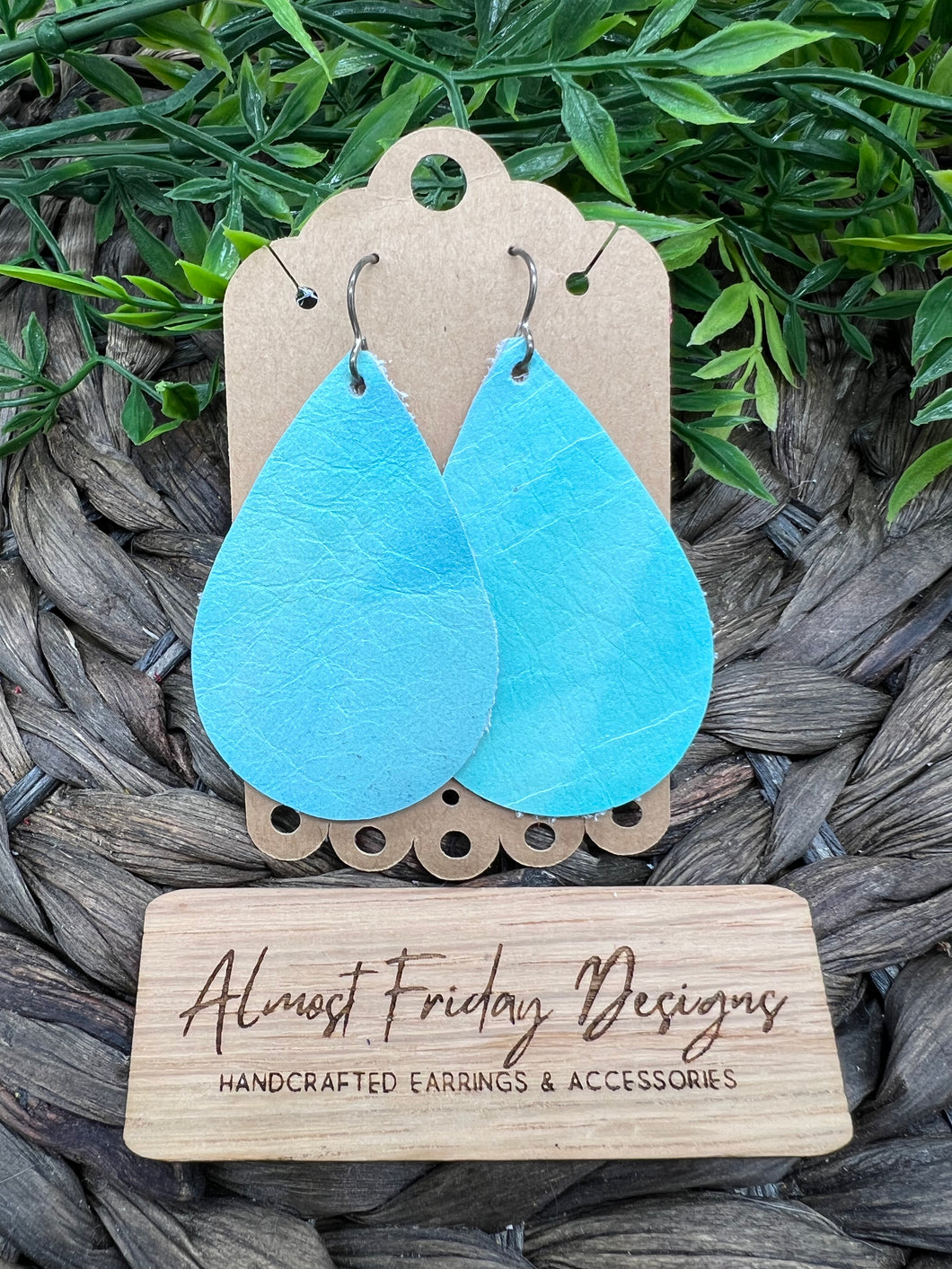 Genuine Leather Earrings - Teardrop Earrings - Aqua - Statement Earrings - Marbled