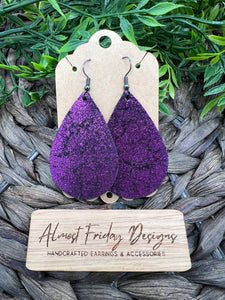 Genuine Leather Earrings - Teardrop - Round - Purple - Glitter - Statement Earrings - Leather