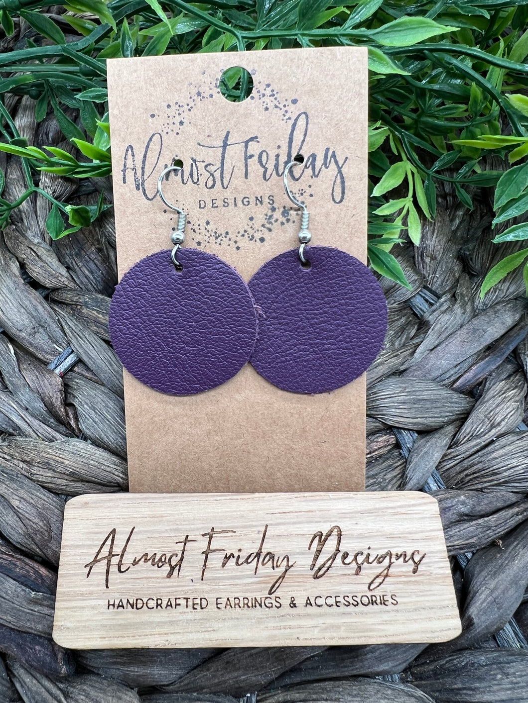 Genuine Leather Earrings - Circle - Round - Purple - Statement Earrings - Leather