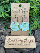 Load image into Gallery viewer, Genuine Leather Earrings - Sage - Sage Green - Cream - Flowers - Floral - Wood - Wood Connector - Rounded Square - Cut Out - Statement Earrings - Neutral
