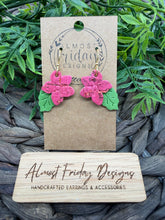 Load image into Gallery viewer, Genuine Leather Earrings - Embossed - Floral - Pink - Dark Pink - Green - Leaf - Cork Leather - Flowers - Spring - Summer - Summer Earrings - Statement Earrings - Spring
