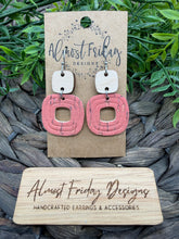 Load image into Gallery viewer, Genuine Leather Earrings - Embossed - Peach - Coral - Wood - Wood Connector - Rounded Square - Cut Out - Statement Earrings - Neutral
