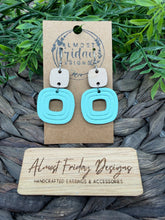 Load image into Gallery viewer, Genuine Leather Earrings - Embossed - Aqua - Wood - Wood Connector - Rounded Square - Cut Out - Statement Earrings - Neutral
