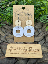 Load image into Gallery viewer, Genuine Leather Earrings - Embossed - Light Purple - Lilac - Wood - Wood Connector - Rounded Square - Cut Out - Statement Earrings - Neutral
