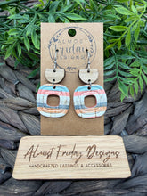 Load image into Gallery viewer, Genuine Leather Earrings - Embossed - White - Red - Orange - Peach - Sky Blue - Stripes - Wood - Wood Connector - Rounded Square - Cut Out - Statement Earrings - Neutral
