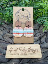 Load image into Gallery viewer, Genuine Leather Earrings - White - Red - Gray - Orange - Peach - Sky Blue - Stripes - Wood - Wood Connector - Rounded Square - Cut Out - Statement Earrings - Neutral
